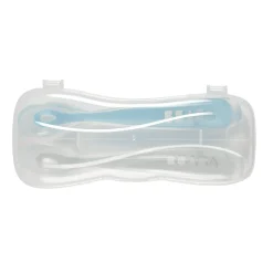 Lot 2 cuillères 1er âge silicone avec boite de transport Bleu/Gris
