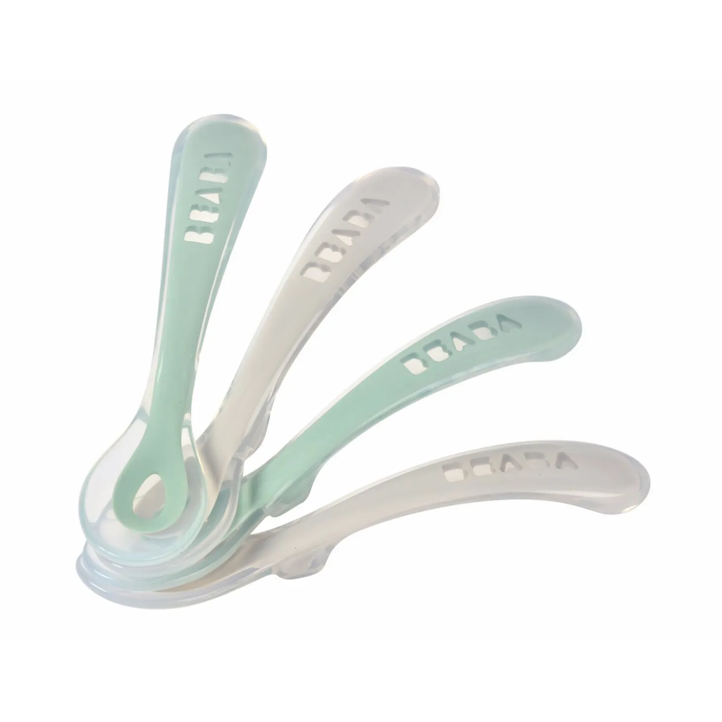 Lot 4 cuillères 2ème âge silicone Gris velours/Vert sauge